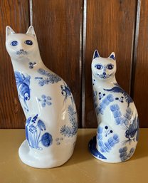 Porcelain Blue & White Ceramic Cats - 2 Pieces
