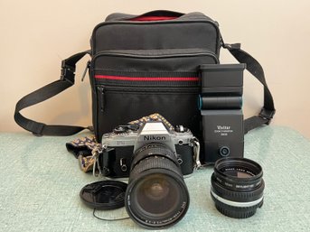 Nikon FG Film Camera, 55M Lens, External Flash & Camera Bag