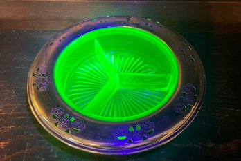 Uranium Glass Divided Relish Dish With Metal Carrier