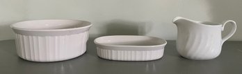 Corning-ware French White Ramekin Bowl, Oval Bowl & Creamer - 3 Piece Lot