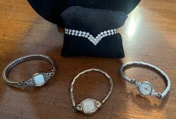 Vintage Women's Bracelet Watches & Rhinestone Bracelet - 4 Piece Lot