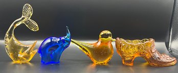 Pilgrim Amber Glass Fish, Blue Glass Elephant, Pilgrim Amber Glass Bird & Fenton Glass Amber Shoe - 4 Pieces