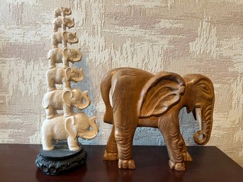 Carved Elephant Statues - 2 Piece Lot