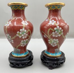 Chinese Cloisonne Copper Vases With Stands, 2 Piece Lot