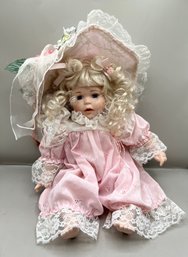 Porcelain Baby Doll In Pink With Bonnet 13'