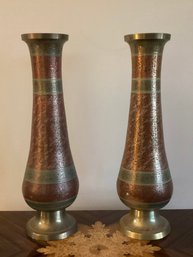 Brass Embossed Footed Vases Made In India - 2 Pieces