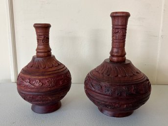 Hand Carved Indian Wood Vases - 2 Pieces