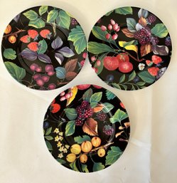 Email De Limoges Porcelain Salad Plates Black With Fruit And Flowers, 3 Piece Lot