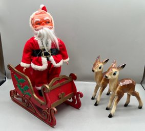 Plastic Sleigh, Plastic Santa & Reindeer, 4 Piece Lot