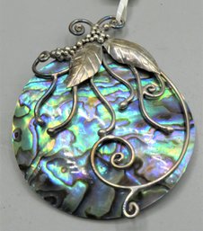 Sterling Silver Abalone Shell Grape Leaf Round Pendant -new