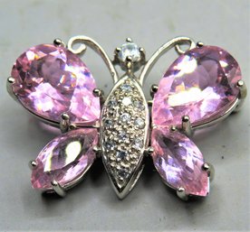 Sterling Silver Butterfly Pin With Pink/clear Stones