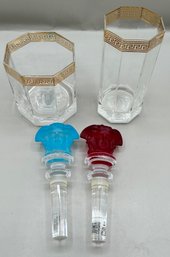 Rosenthal Studio Line Versace Medusa Dor Crystal Glasses And Blue And Red Medusa Bottle Stoppers, 4 Piece Lot