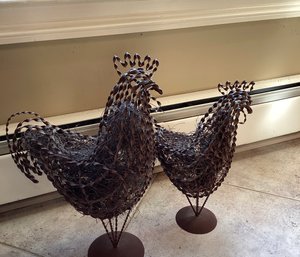 2 Decorative Metal Chickens