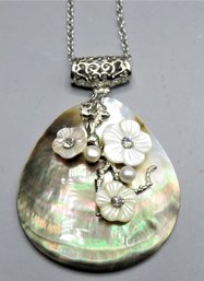 Silver Tone Shell, Floral Abalone Pendant Necklace - New