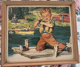 Schroeder Signed Framed Print Of Little Boy Fishing