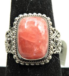 Sterling Silver Ring With Coral Colored Stone - Size 8 - New