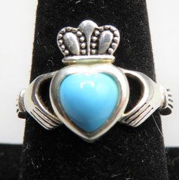 Sterling Silver Claddagh Ring, JMH Ireland, Blue Heart Stone - Size 8