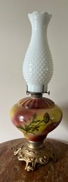 Hand Painted Hurricane Oil Lamp With Milk Glass Shade