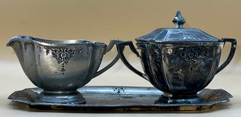 Silver Toned Sugar Bowl And Creamer With Serving Tray Set Of 3