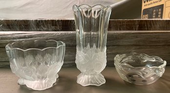 Imperlux Crystal Frosted Rose Bottom Bowl, Frosted Rose Vase & Mikasa Mayfair Calla Lily Bowl - 3 Pieces