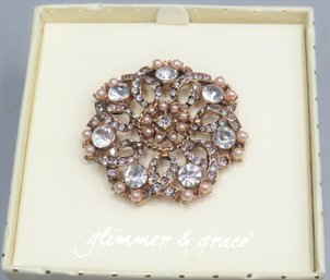 Glimmer & Grace Costume Jewelry Pin, Faux Pearls & Clear Stones - New In Box