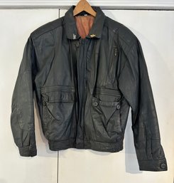 Mens Black Leather Bomber Jacket Size 48