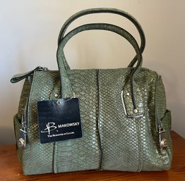 B Makowsky Green/gold Metallic Leather Animal Print Handbag - NWT