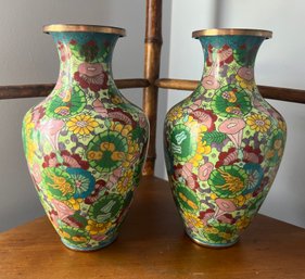 Brass Hand Painted Vases- Pair