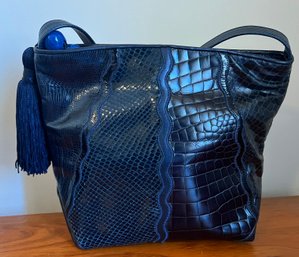 Accents By Sharif Blue Multi-print Leather Tote Bag