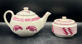 Pipestone Ancient Mimbreno Indian-Burgundy Teapot With Lid & Sugar Bowl With Lid - 4 Pieces