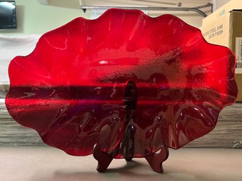 Red Wave Design Glass Centerpiece Bowl