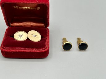 Mervyns Mens Cufflinks And Black And Gold Toned Mens Cufflinks, 2 Pairs