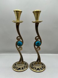 Vintage Brass Candlestick Holders With Eilat Stone, Made In Israel - 2 Piece Lot