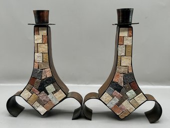 Modernist Mosaic Sabbath Hammered Copper Candlestick Holders, Made In Israel  - 2 Piece Lot