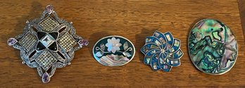 Sterling Silver Abalone & Marcasite  Brooches - 4 Pieces