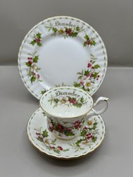 Royal Albert Bone China Christmas Rose December Teacup, Saucer And Plate, 3 Piece Lot