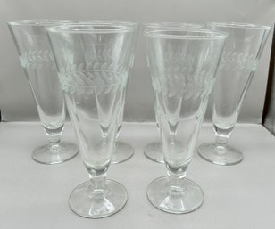 Anchor Hocking Etched Laurel Leaf Clear Pint Glasses, 6 Piece Lot