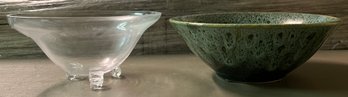 Glass Footed Candy Bowl & Glazed Pottery Bowl - 2 Pieces