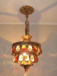 Vtg Gold Metal Filigree Jeweled Hanging Swag Lamp Light Art Deco Ceiling Light/Chandelier