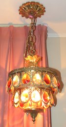 Vtg Gold Metal Filigree Jeweled Hanging Swag Lamp Light Art Deco Ceiling Light/Chandelier