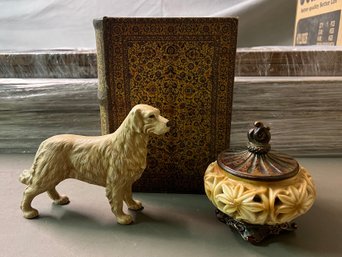 Porcelain Golden Retriever Figurine, Hidden Book Stash Box & Soapstone Carved Trinket Box - 3 Pieces