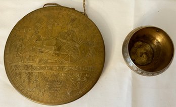 Egyptian Brass Engraved Dinner Gong And Brass Bowl, 2 Piece Lot