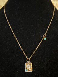 Sleeping Beauty Turquois & Moissanite Celestial Medallion Necklace In Vermeil Yellow Gold Over Sterling