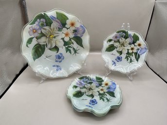 Hand Painted Signed Floral Glass Dishes, Lot Of 4