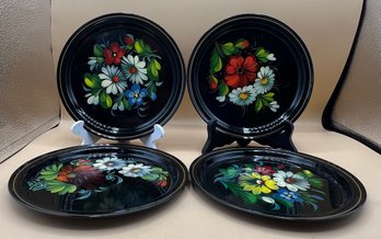 Enamel Soviet Hand Painted Floral Trays 4 Piece Set