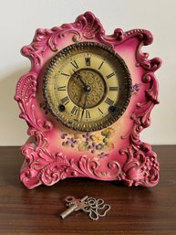 Antique William Gilbert Porcelain Hand Painted Clock With Key, Circa 1902