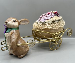 Ceramic Bunny Pulling Egg Cart Fabric Trinket Box