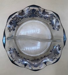 Silver Toned Etched Glass Divided Relish Dish