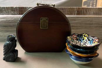 Carved Black Onyx Crow, Wooden Trinket Box & Hand Painted Dishes - 6 Pieces