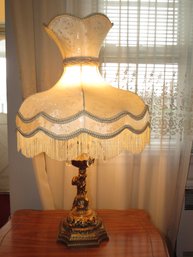 Brass Cherub Table Lamp With Tassel Shade - Vintage